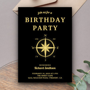Invitation Compas Nautique Élégant Noir et Or pour Anniversai