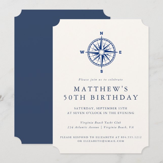 Invitation Compas nautique élégant pour fête d'anniversaire a (Devant / Derrière)