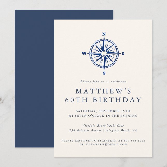 Invitation Compas nautique élégant pour fête d'anniversaire a (Devant / Derrière)