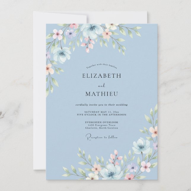 Invitation Composition de fleurs bleues ciel pour mariage (Devant)
