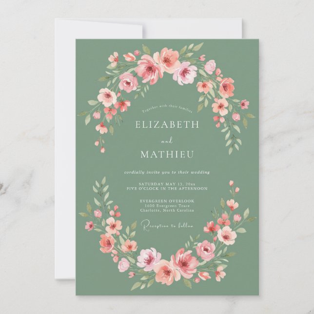 Invitation Composition de fleurs roses sauge pour mariage (Devant)