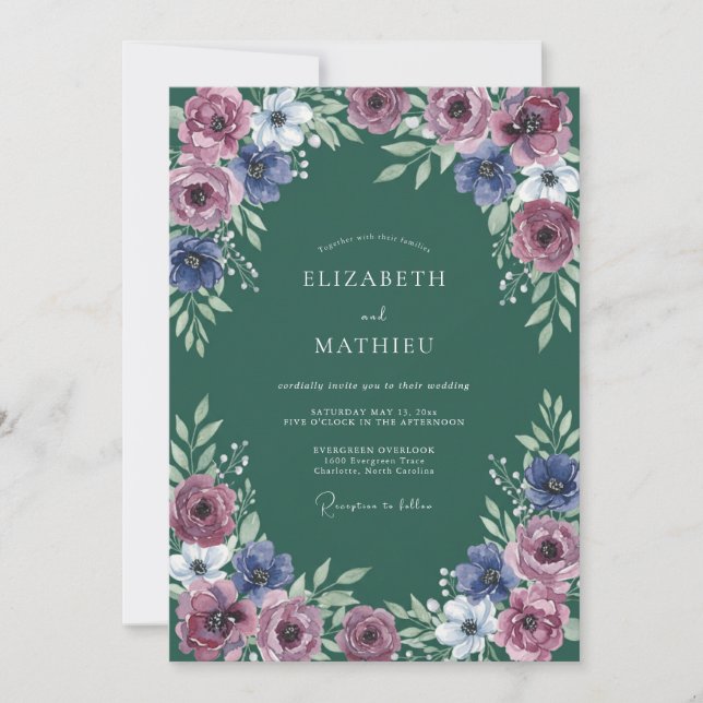 Invitation Composition Florale Bleu Mauve Mariage (Devant)