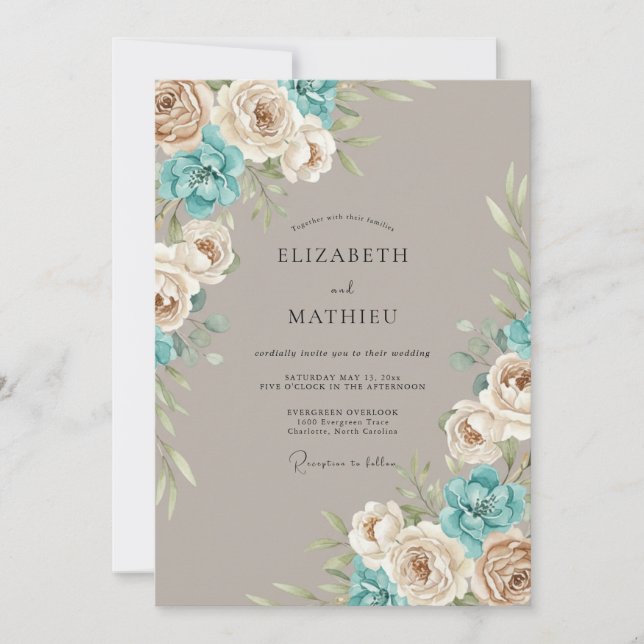 Invitation Composition florale bleu taupe pour mariage (Devant)