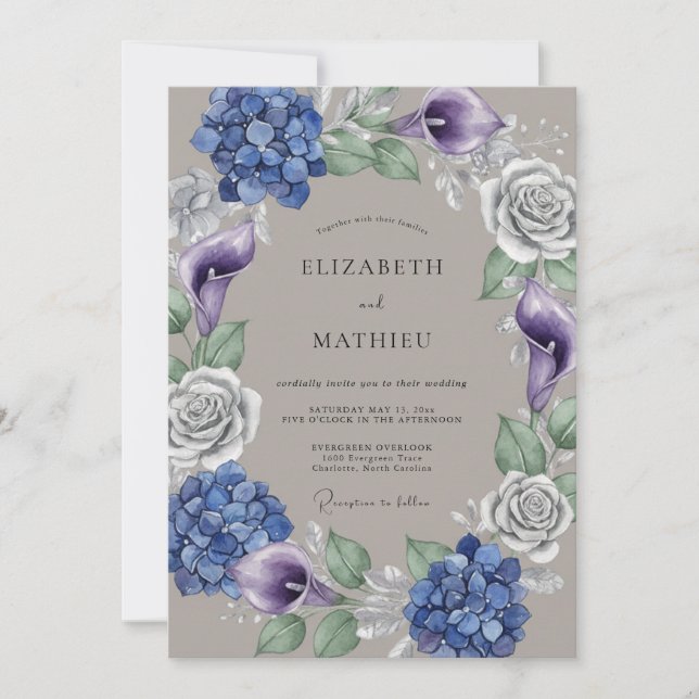 Invitation Composition florale bleue luxuriante pour mariage (Devant)