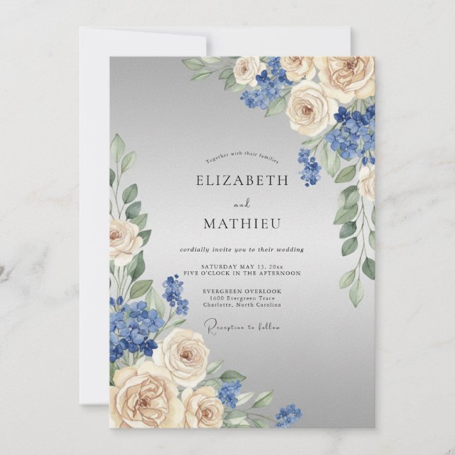 Invitation Composition florale de mariage crème bleu (Devant)