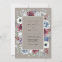 Composition florale de mariage en bordeaux et bleu