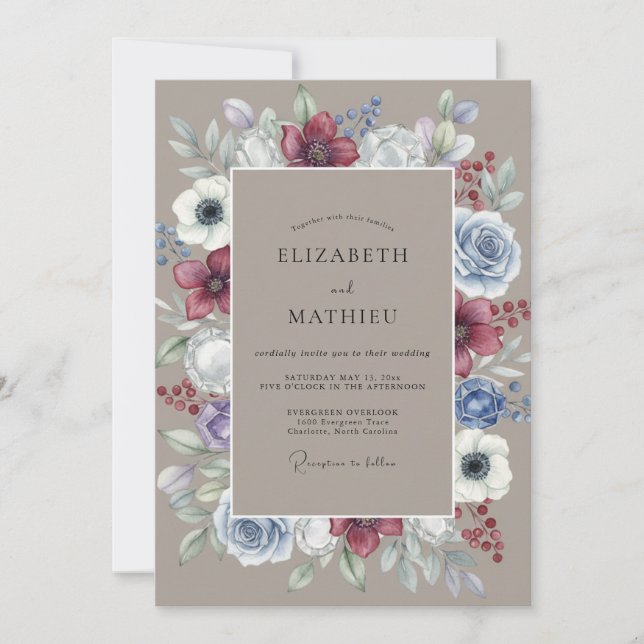 Invitation Composition florale de mariage en bordeaux et bleu (Devant)