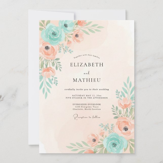 Invitation Composition florale mariage pêche et menthe (Devant)
