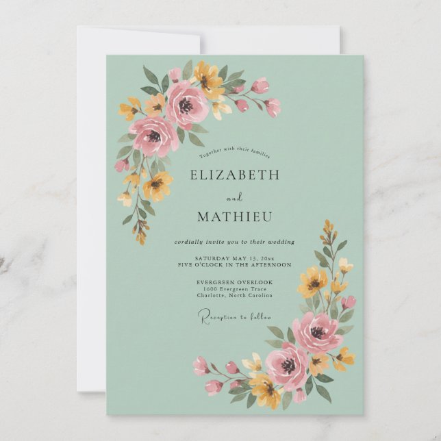 Invitation Composition florale rose sauge pour mariage (Devant)