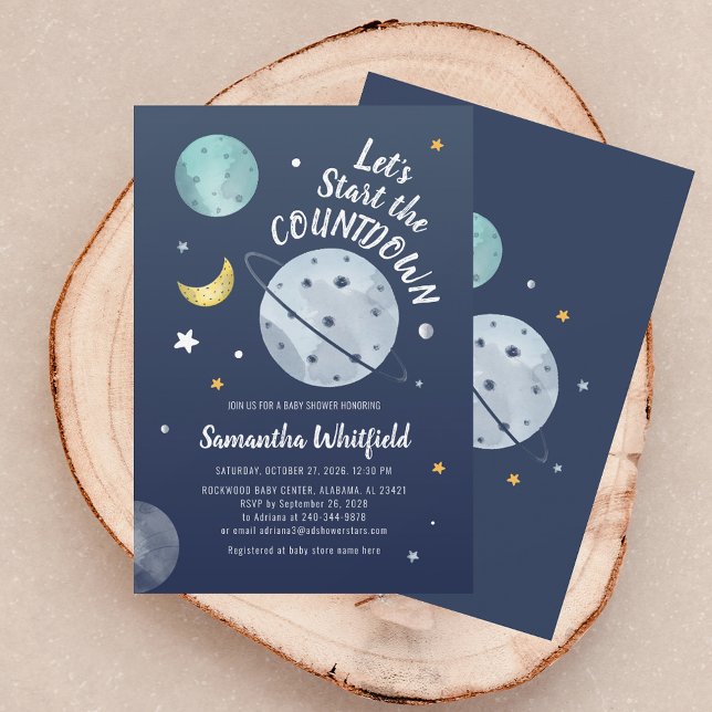 Invitation Compte à rebours des Baby showers modernes Lune sp (Modern Baby Shower Countdown Outer Space Moon Invitation)