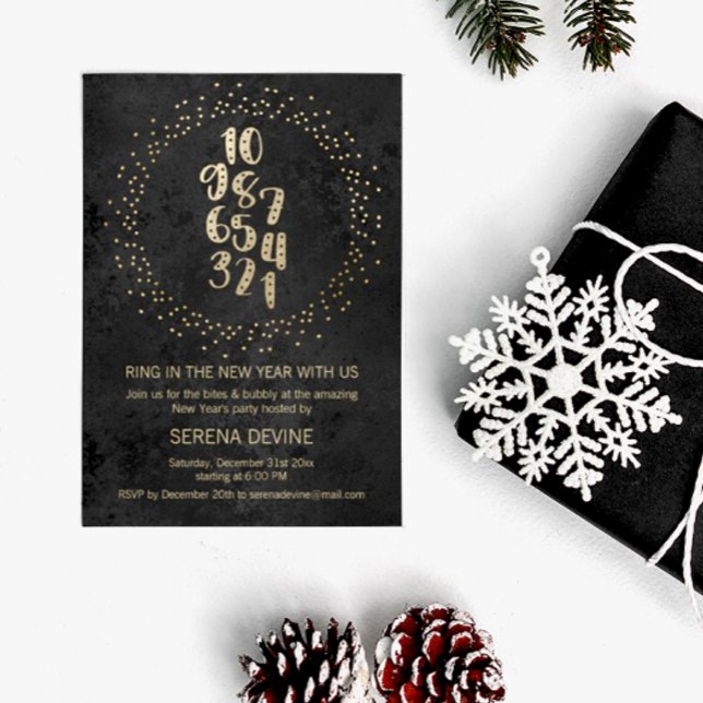 Invitation Compte à rebours Fête du Nouvel An Noir et Or (Créateur téléchargé)