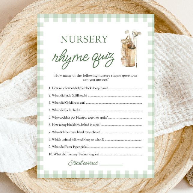 Invitation Comptine de la pépinière de golf vert sauge Quiz B (Sage Green Golf Nursery Rhyme Quiz Baby Shower)