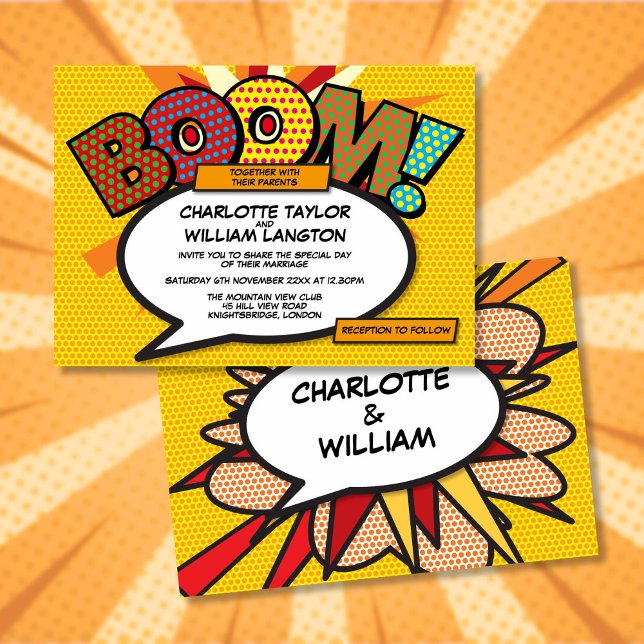 Invitation Concepteur Typographique Moderne Mariage Bande Des (Modern Typographic Designer Fun Comic Wedding Invitation)
