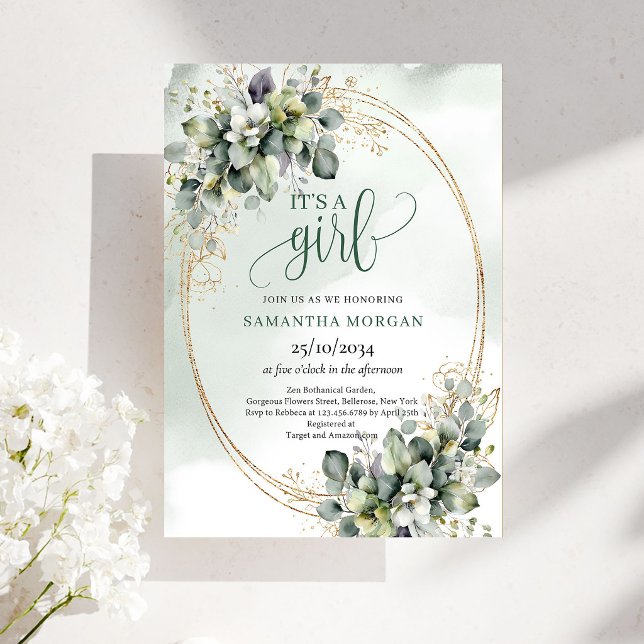 Invitation Conception aquarelle bohème verdure or C'est une f (Boho Watercolor Greenery Gold Design It’s A Girl Invite)