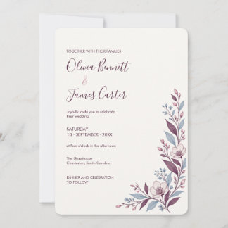 Invitation Conception botanique minimaliste prune et bleu pou