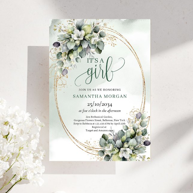 Invitation Conception Botanique Verte et Blanche C'est Une Fi (Green White Botanical Design It’s A Girl Invitation)