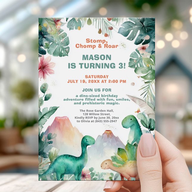 Invitation Conception d'anniversaire de dinosaure à l'aquarel (Créateur téléchargé)