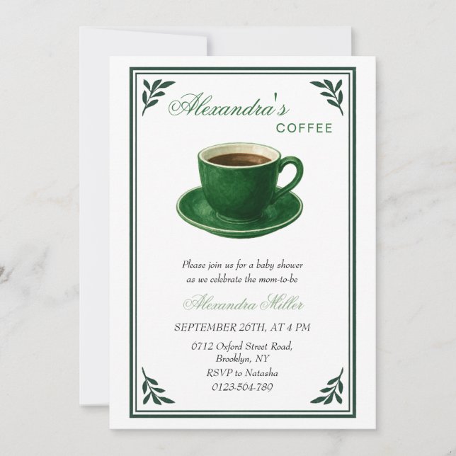 Invitation Conception de Baby Shower avec tasse de café vert (Devant)