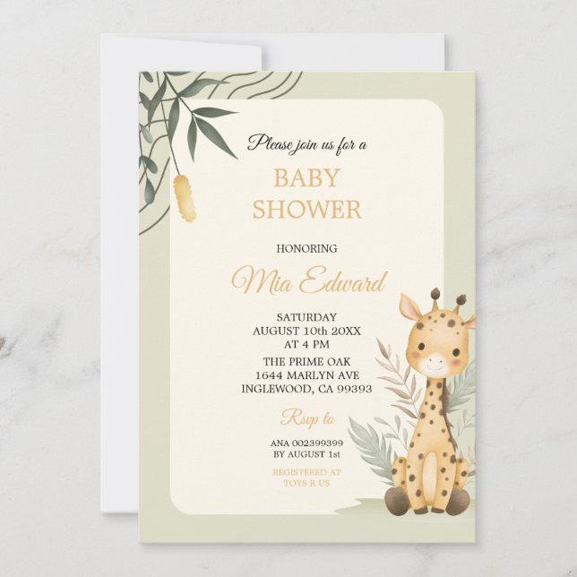 Invitation Conception de baby shower avec un adorable girafe  (Devant)