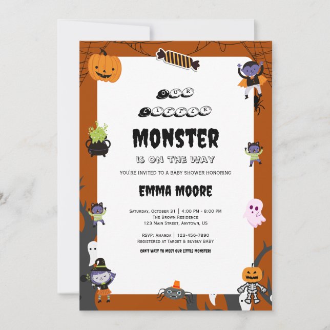 Invitation Conception de Baby Shower de Monstre d'Halloween M (Devant)