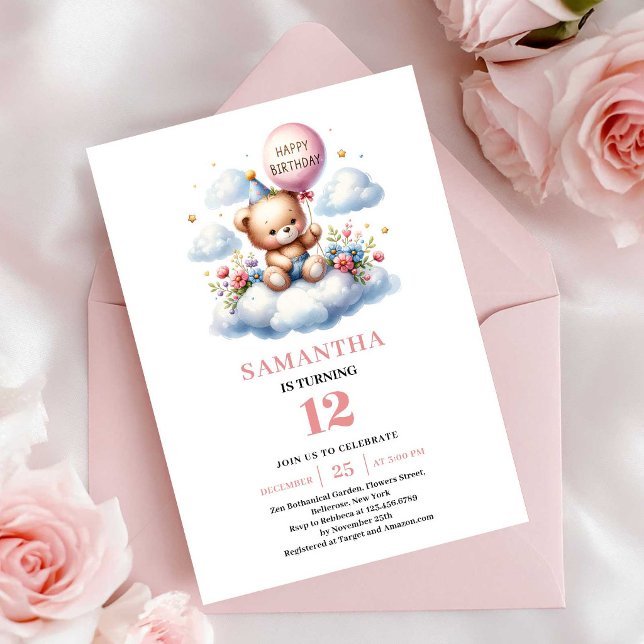Invitation Conception de ballon d'ours en peluche mignon pour (Adorable teddy bear floral balloon birthday invitation

)