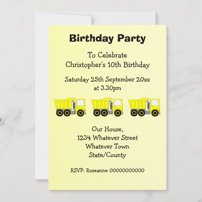 Invitation Conception de camion jaune Fête d'anniversaire de  (Devant)
