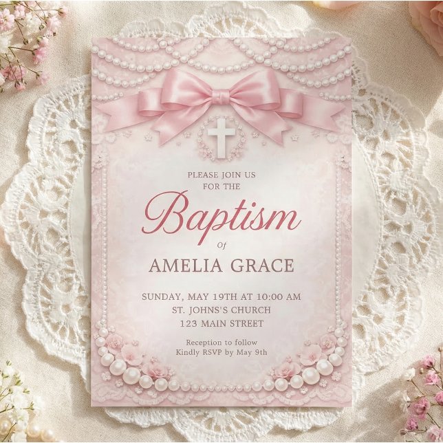 Invitation Conception de carton d'invitation de baptême Pink  (Elegant pink pearl baptism invitation with satin bow and cross details)