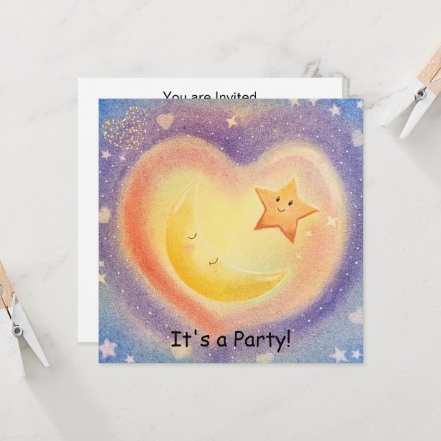 Invitation Conception de ciel rêveur avec lune en pastel doux (Devant/Arrière en situation)