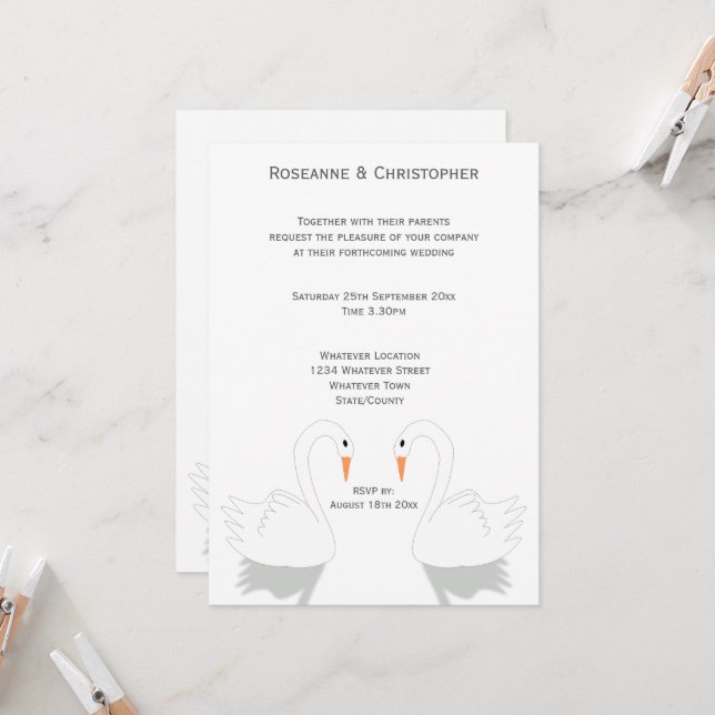 Invitation Conception de cygnes pour mariage (Devant/Arrière en situation)