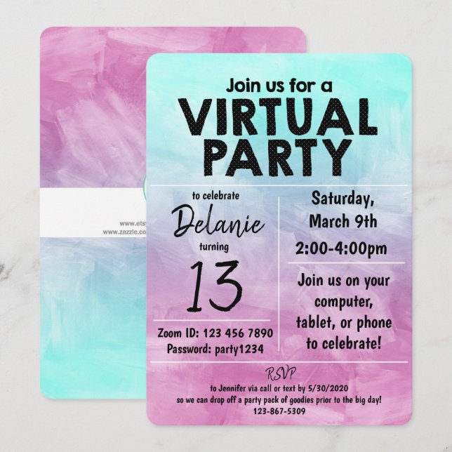 Invitation Conception de design aquarelle pour fête d'anniver (Devant / Derrière)