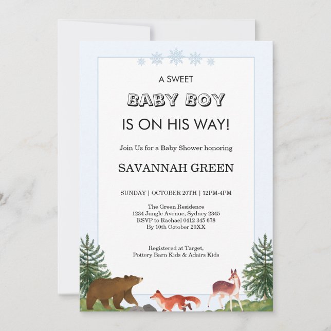 Invitation Conception de douche pour bébé garçon avec des ani (Devant)