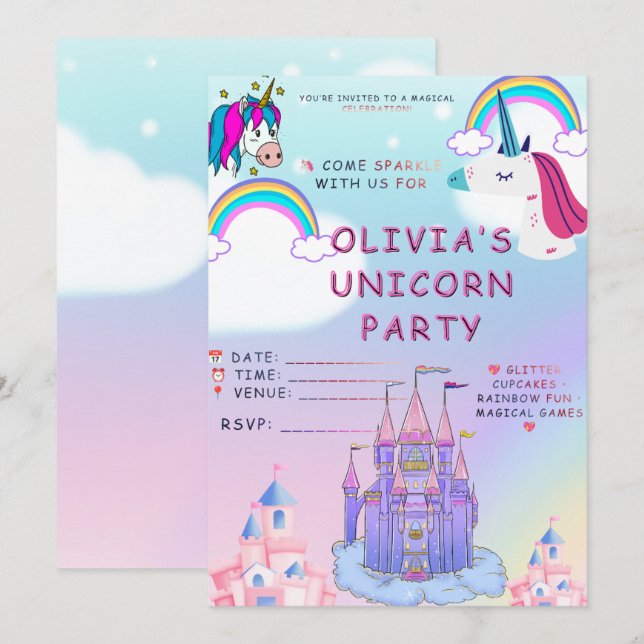 Invitation Conception de fête arc-en-ciel magique pour la cél (Devant / Derrière)
