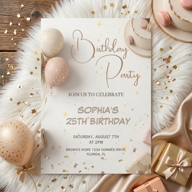 Invitation Conception de fête d'anniversaire beige et or mini (Créateur téléchargé)