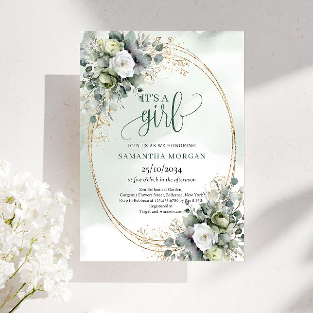 Invitation Conception de feuillage vert or C'est une invitati (Green Gold Foliage Design It’s A Girl Invitation)