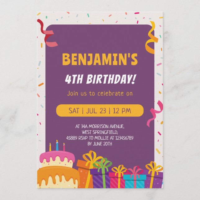 Invitation Conception de gâteau et de cadeaux pour fête d'ann (Devant)