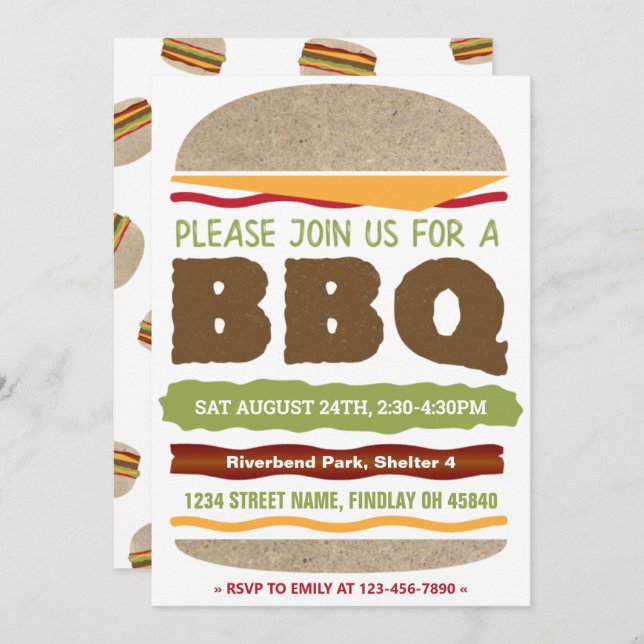 Invitation Conception de hamburger pour BBQ d'été dans la cou (Devant / Derrière)