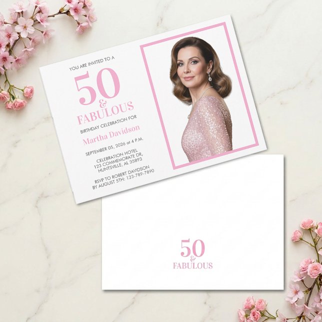 Invitation Conception de joyeux anniversaire photo rose 50 an (50 & Fabulous Pink Photo Birthday Design Invitation)
