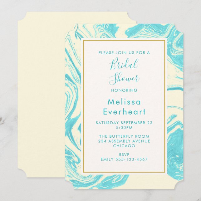 Invitation Conception de marbre fantaisie en turquoise et crè (Devant / Derrière)