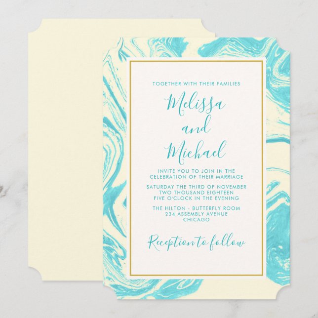 Invitation Conception de marbre fantaisie en turquoise et crè (Devant / Derrière)