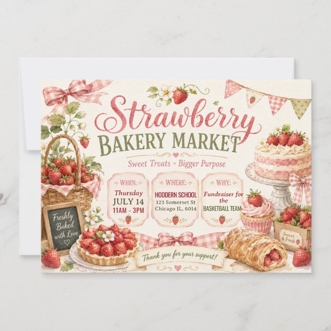 Invitation Conception de marché de boulangerie aux fraises (Devant)