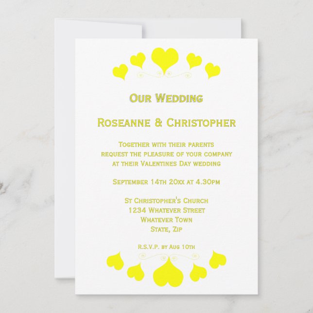 Invitation Conception de mariage à coeurs jaunes (Devant)