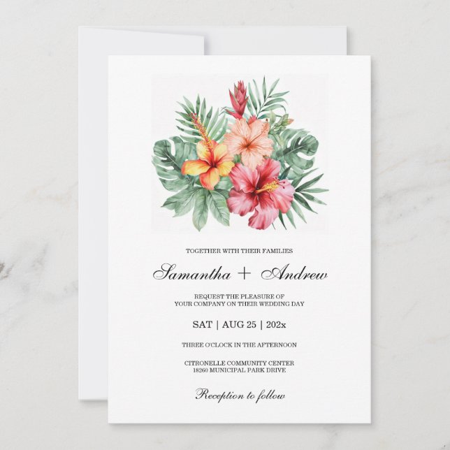 Invitation Conception de mariage avec fleurs d'Hibiscus (Devant)