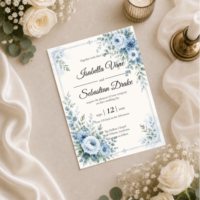 Invitation Conception de mariage floral bleu élégant (Créateur téléchargé)