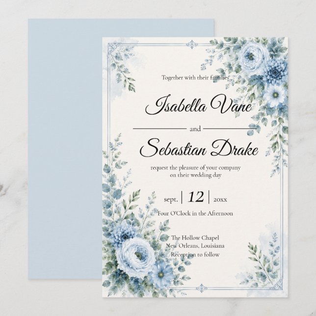 Invitation Conception de mariage floral bleu élégant (Devant / Derrière)