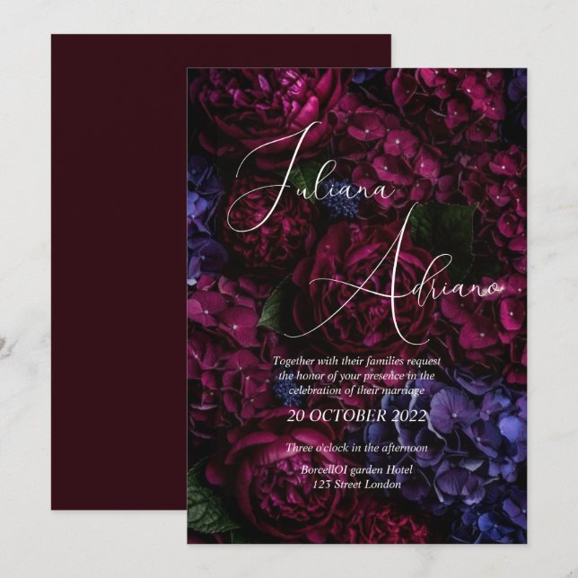 Invitation conception de mariage floral bordeaux mettant en v (Devant / Derrière)