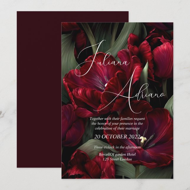 Invitation conception de mariage floral bordeaux mettant en v (Devant / Derrière)