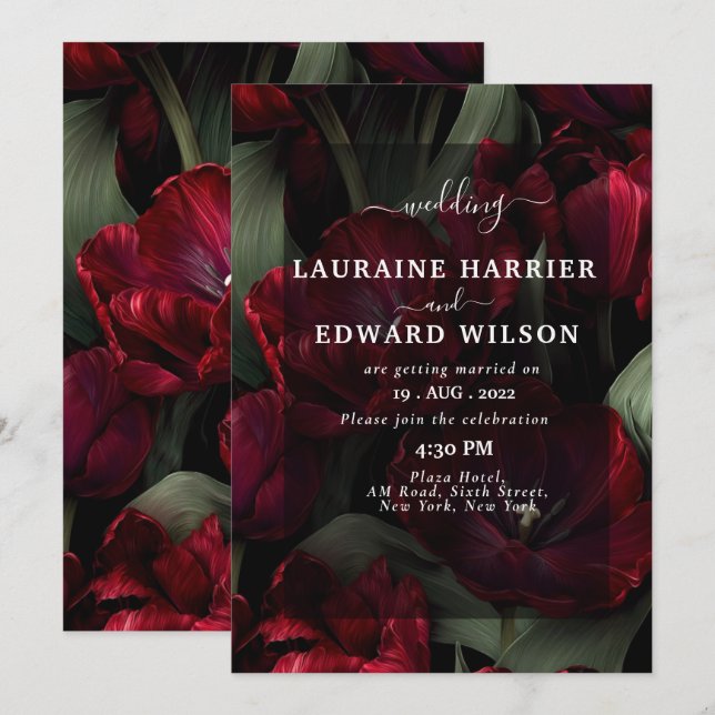 Invitation conception de mariage floral bordeaux mettant en v (Devant / Derrière)