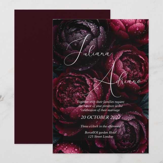 Invitation conception de mariage floral bordeaux mettant en v (Devant / Derrière)