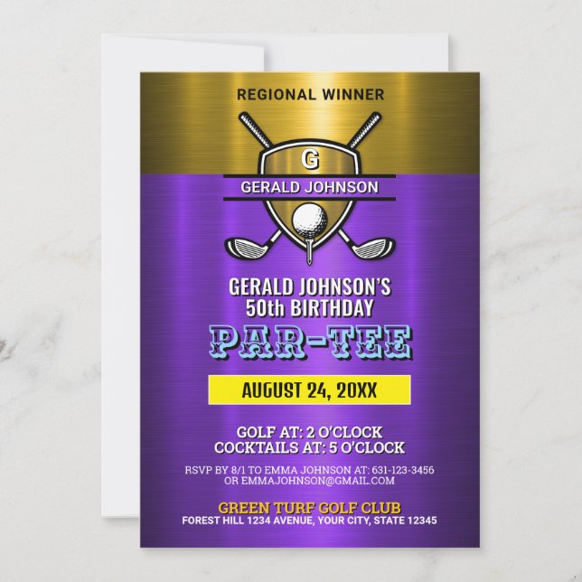 Invitation Conception de monogramme de golf de bouclier doré  (Devant)