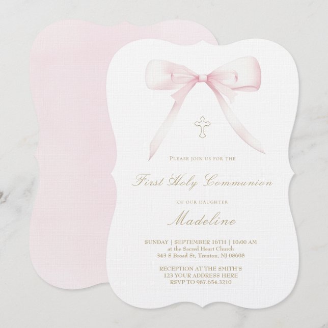 Invitation conception de noeud papillon rose fille de premièr (Devant / Derrière)
